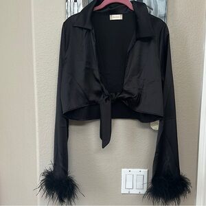 Black Satin Tie-Front Blouse with Feather Cuffs